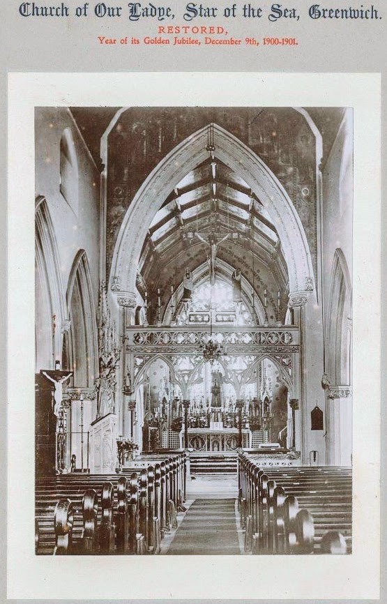 Arch painting and stencils in Sanctuary still visible in 1901