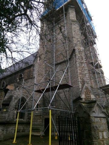 Scaffolding on the side of the spire